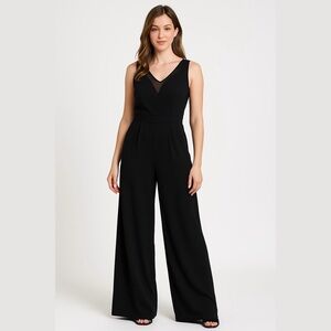 Night Way Collections Mesh V-Neckline Black Wide Leg Jumpsuit